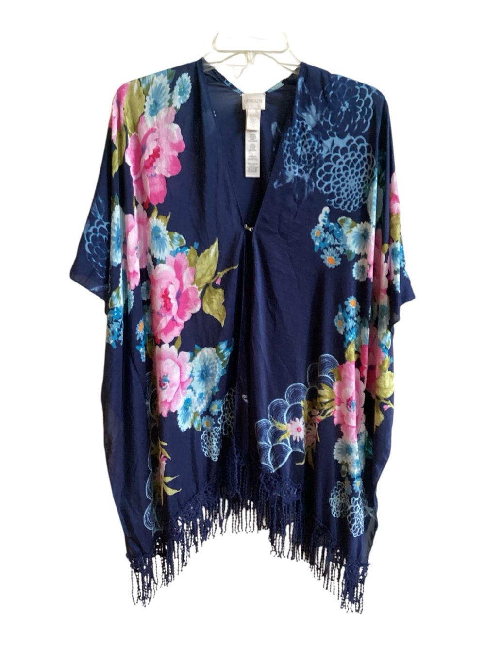 Chico’s Silk Floral Print Fringed Kimono Ladies size S/M